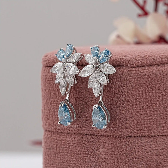 Fancy Blue Pear Diamond Cluster Drop Earrings