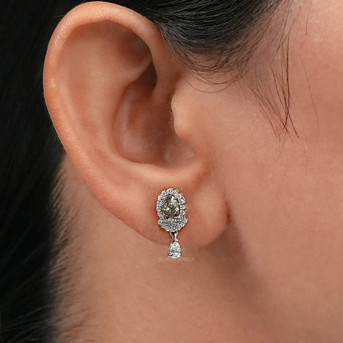 Olive Oval Diamond Halo Drop Earrings