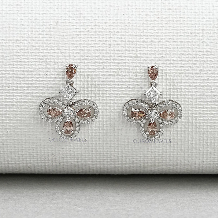 Brown Pear Cut Halo Diamond Dangle Earrings