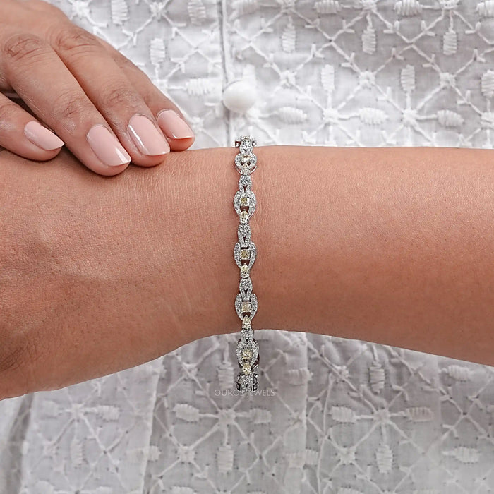 Yellow Cushion Lab Diamond Halo Link Tennis Bracelet