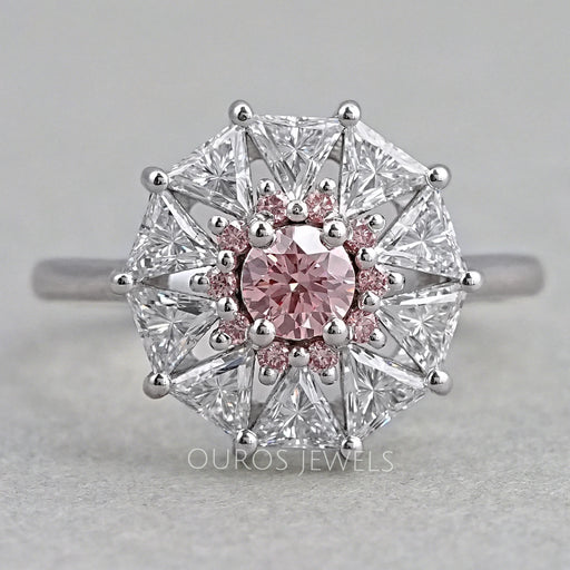 pink round cut diamond triangle halo engagement ring's front view