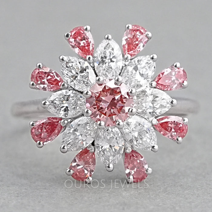 Floral Pink Round Diamond Engagement Ring