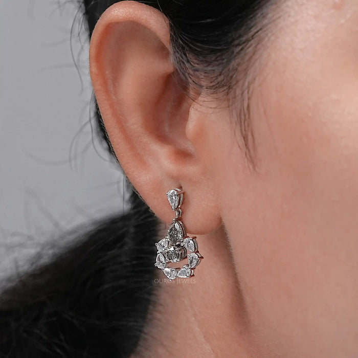 Olive Pear Diamond And Round Halo Drop Earrings