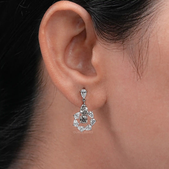 Olive Pear Diamond And Round Halo Drop Earrings