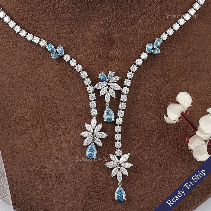Lab Diamond And Blue Pear Diamond Cluster Necklace