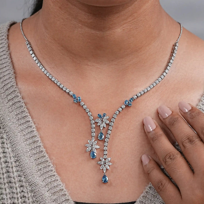 Lab Diamond And Blue Pear Diamond Cluster Necklace