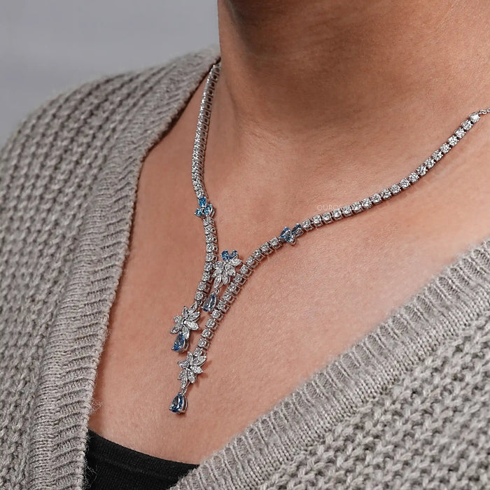 Lab Diamond And Blue Pear Diamond Cluster Necklace