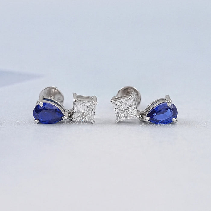 Pear Sapphire And  Princess Diamond Two Stone Earrings
