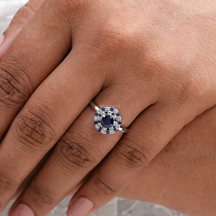 Blue Cushion Cut Lab Gemstone Double Halo Ring