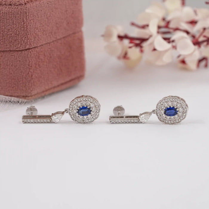 Sapphire Oval Gemstone And Double Halo Drop Earrings