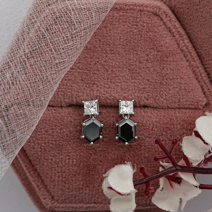 Black Hexagon Diamond Drop Earrings