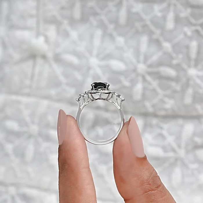 Black Oval Diamond Accent With Halo Engagement Ring