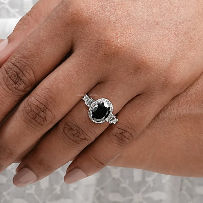 Black Oval Diamond Accent With Halo Engagement Ring