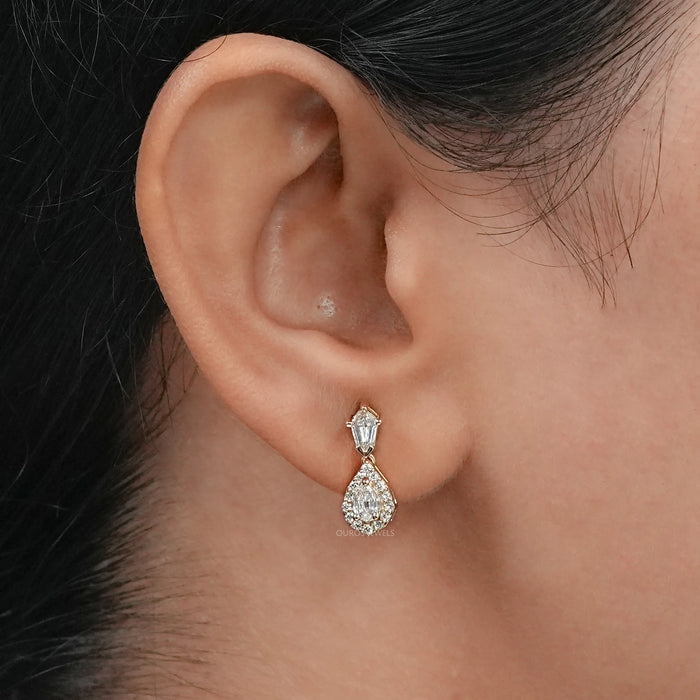 Step Cut Pear Diamond Halo Drop Dangle Earrings