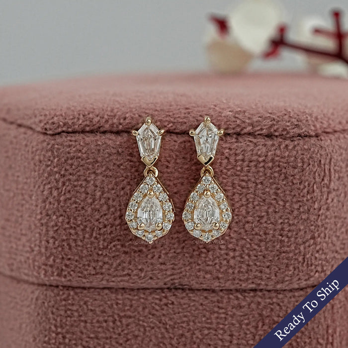 Step Cut Pear Diamond Halo Drop Dangle Earrings
