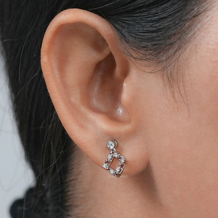 Ruby Round Gemstone Bezel Set Drop Earrings