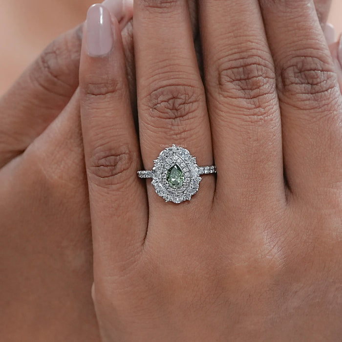 Green Pear Diamond Double Halo Engagement Ring
