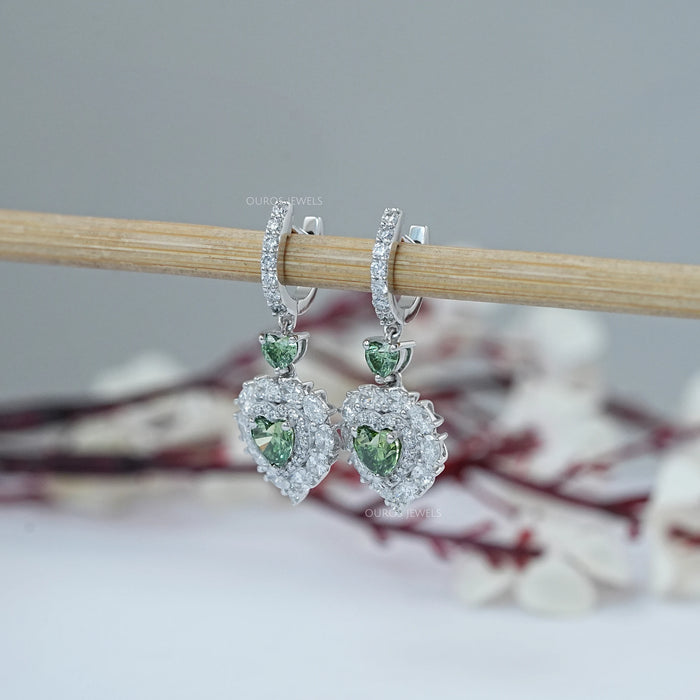 Green Heart Lab Diamond Halo Dangle Earrings