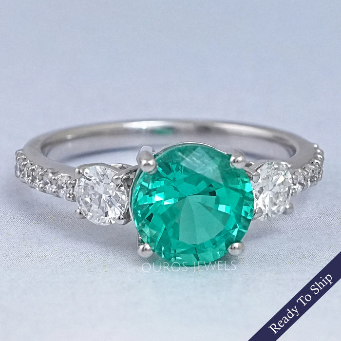 Green Round And Diamond Three Stone Accent Diamond Ring