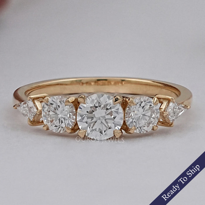 front view of round and kite cut lab diamond five stone engagement ring