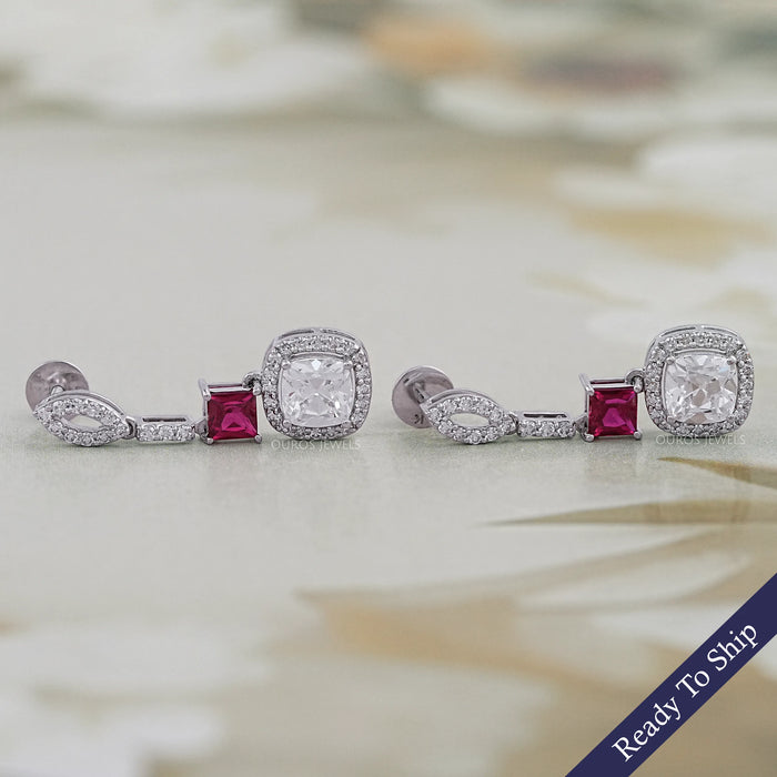 Ruby Princess Old Mine Cushion Cut Halo Dangle Earrings