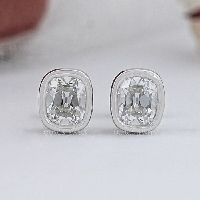 Old Mine Cushion Diamond Bezel Set Stud Earrings