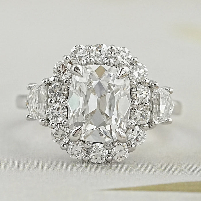 old mine cushion cut diamond halo engagement ring, top view