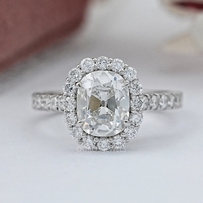 Old Mine Cushion Cut Halo With Accent Engagement Ring