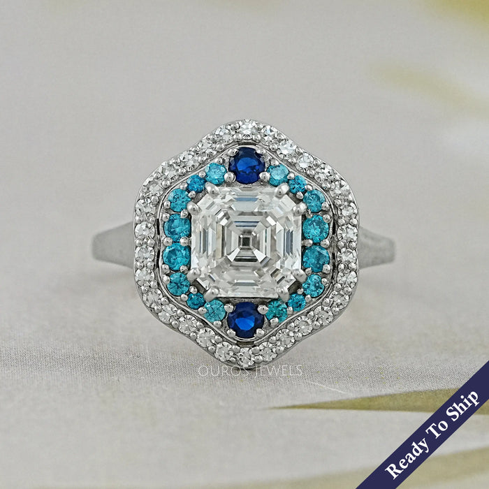 Old Mine Asscher Diamond And Gemstone Double Halo Ring