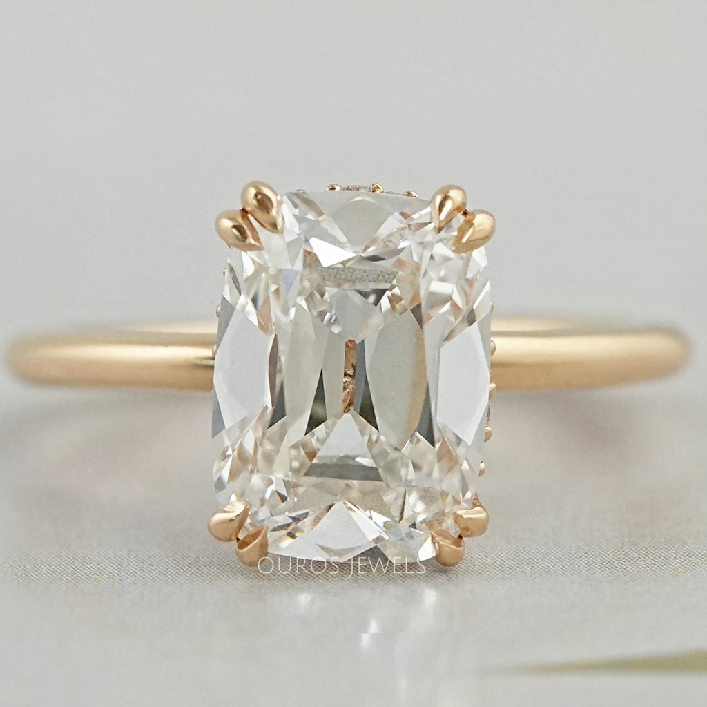 front view of old mine cushion diamond solitaire double prong engagement ring