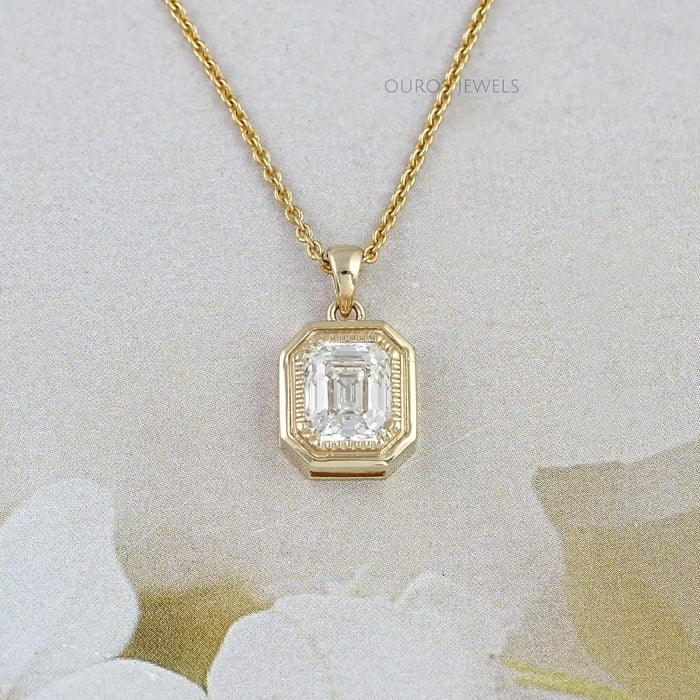 Old Mine Emerald Lab Diamond Milgrain Bezel Set Pendant