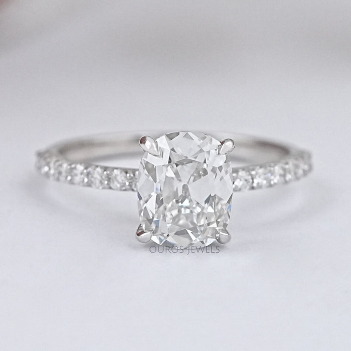 front view of old mine cushion cut lab diamond solitaire accent wedding ring