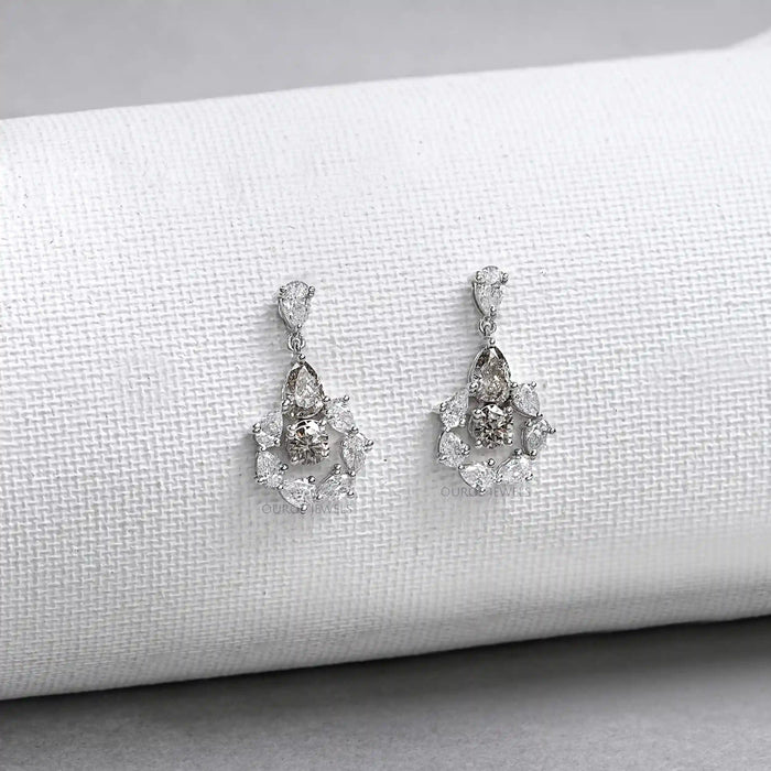 Olive Pear And Round Lab Diamonds Halo Drop Earrings