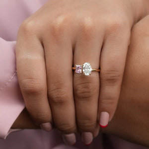 two stone engagement ring with pink radiant and oval cut lab grown diamond 