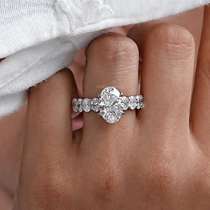 Oval Cut Lab Diamond Solitaire Accent Engagment Ring