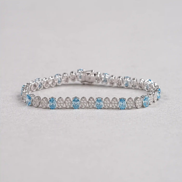 Alternating Blue Oval & Round Diamond Tennis Bracelet