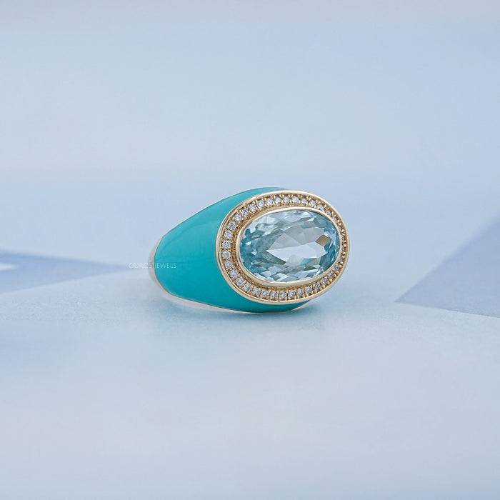 Blue Topaz East West Oval With Enamel Cocktail Ring