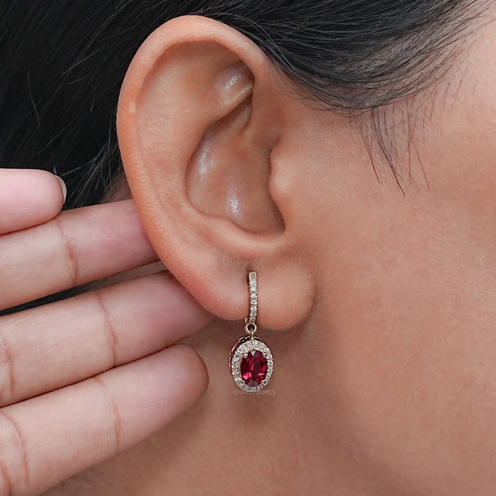 Ruby Oval Cut Halo Drop Dangle Earrings