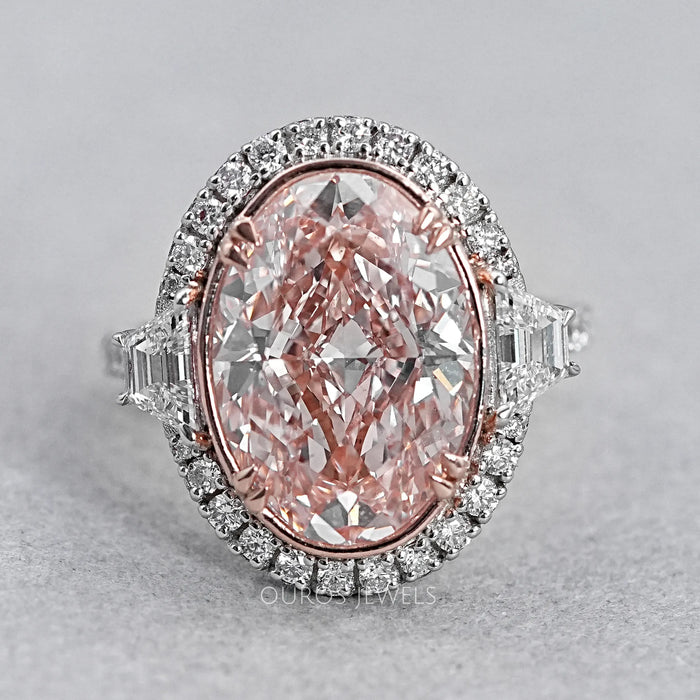 Trapezoid With Pink Oval Accent Halo Diamond Ring