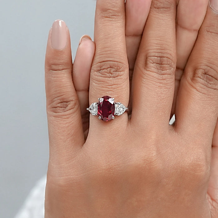 3 Stone Oval Ruby Lab Gemstone Ring