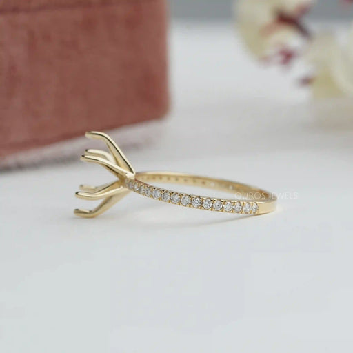 side view of oval shape semi mount 6 prong setting pave band engagement ring