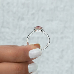 [A Women holding Round Cut Halo Engagement Ring]-[Ouros Jewels]