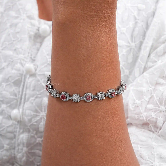 Flower And Pink Asscher Diamond Tennis Bracelet