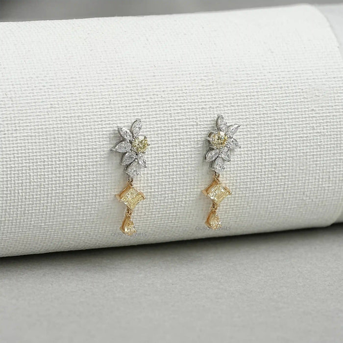 Yellow And White Diamond Floral Drop Earrings