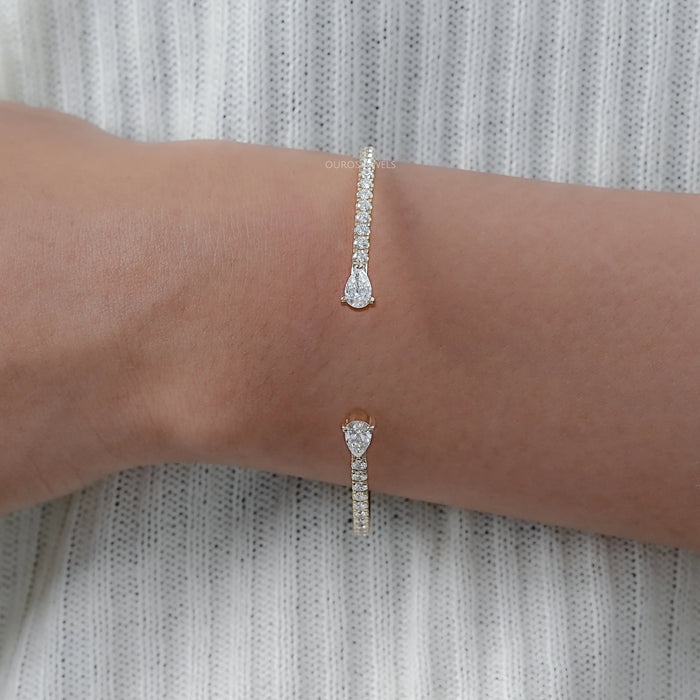 Pear and Round Lab Grown Diamond Open Cuff Bangle