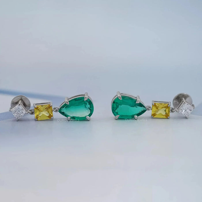 Green Pear And Yellow Radiant Diamond Drop Earrings