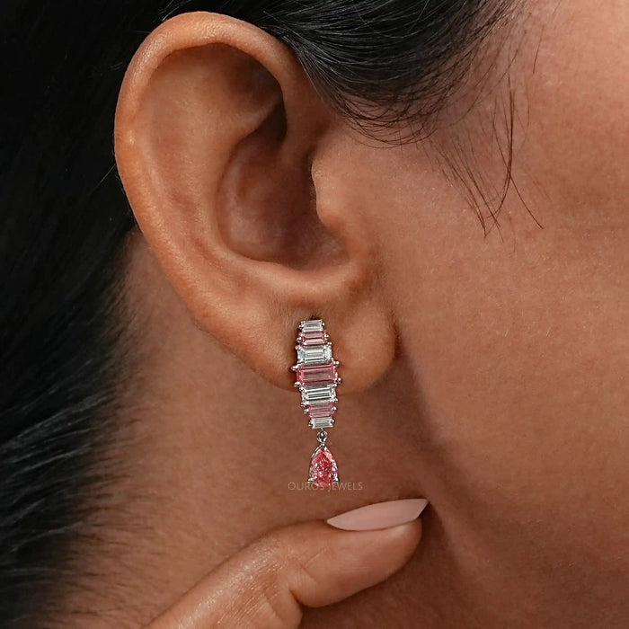 Pink Baguette Attentive Diamond Earrings