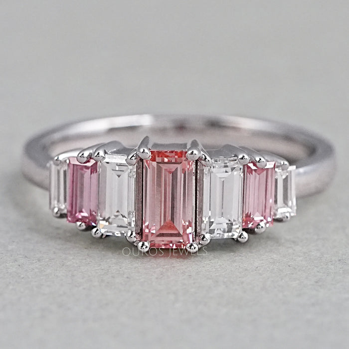 7 Stone Pink Baguette Cut Lab Diamond Anniversary Ring