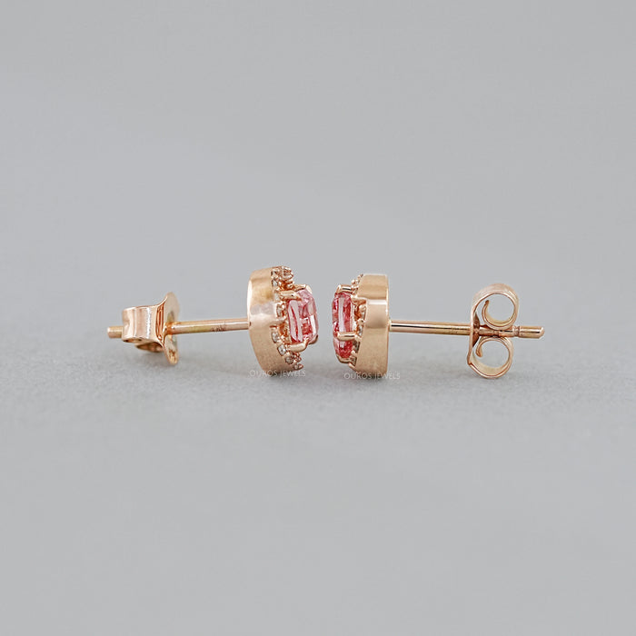 Pink Cushion Cut Halo Stud Earrings