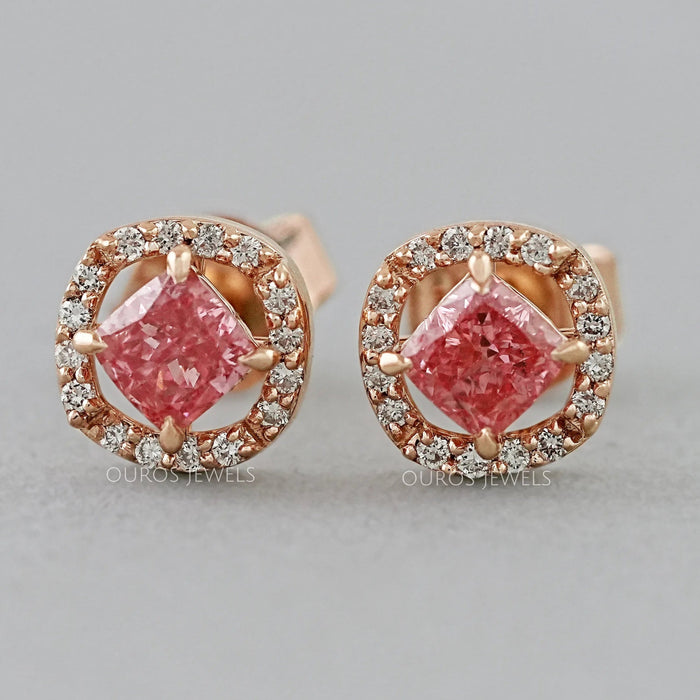 Pink Cushion Cut Halo Stud Earrings